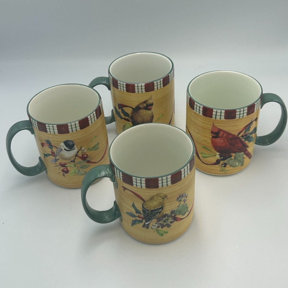 Lenox Winter Greetings Mug Birds Goldfinch Coffee Set Stone Cardinal Chickadee